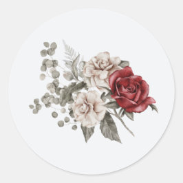 Cream & Rote Rose Boho Blume Bouquet Runder Aufkleber