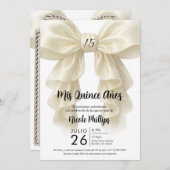 Cream Ruffle Cascade Bow Elegantes Quinceañera Par Einladung (Vorne/Hinten)