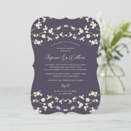 Cream Sakura Kirschblüten Lila Hochzeit Asiens Einladung (Stehend Vorderseite)