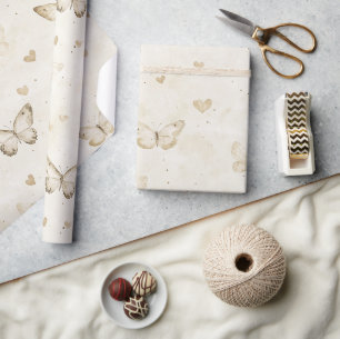 Cream Schmetterlinge & Herzen Geburtstag Geschenkpapier