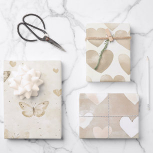 Cream Schmetterlinge & Herzen Geburtstag Geschenkpapier Set