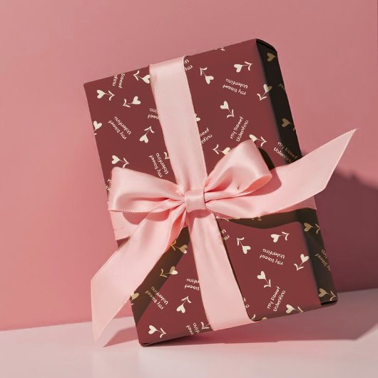 Cream Script Hearts on Burgundy– Valentine pattern Geschenkpapier Set