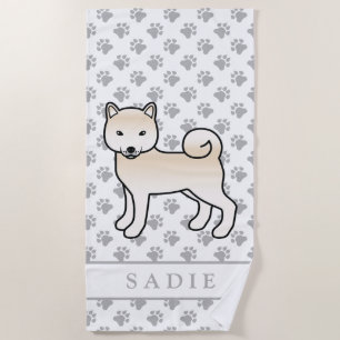 Cream Shiba Inu Süßer Cartoon-Hund & Name Strandtuch