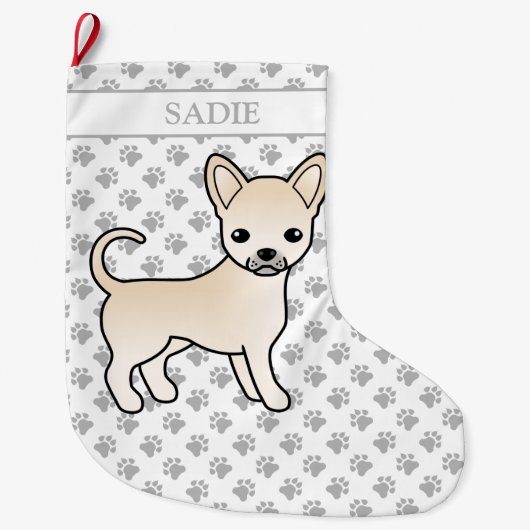 Cream Smooth Coat Chihuahua Cartoon Dog & Name Großer Weihnachtsstrumpf (Vorderseite)