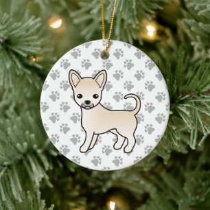 Cream Smooth Coat Chihuahua Cartoon Dog & Paws Keramik Ornament