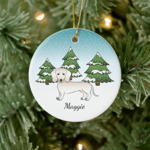 Cream Smooth Coat Dachshund Hund im Winterwald Keramik Ornament