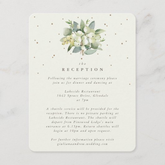Cream Snowberry+Eucalyptus Bouquet Empfang Begleitkarte (Vorderseite)