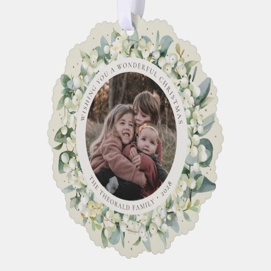 Cream Snowberry+Eucalyptus Christmas Wreath Photo Ornament Karte (Links)