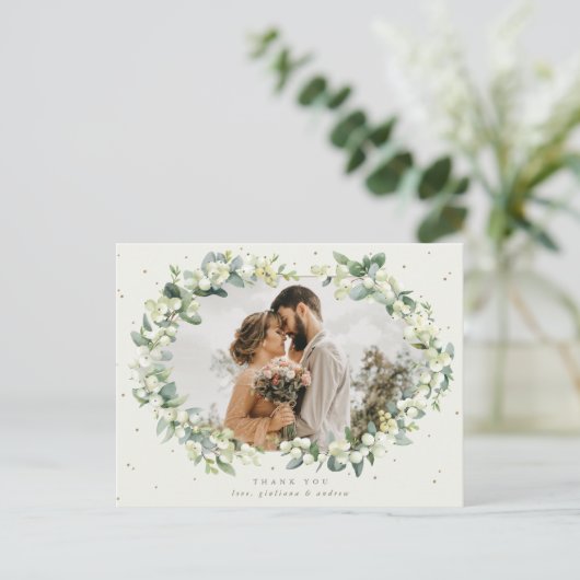 Cream Snowberry+Eucalyptus Wedding Danke Foto Postkarte (Stehend Vorderseite)