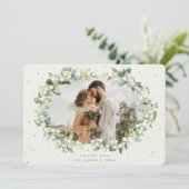 Cream Snowberry+Eucalyptus Wedding Foto Dankeskarte (Stehend Vorderseite)