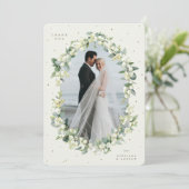 Cream Snowberry+Eucalyptus Wedding Foto Dankeskarte (Stehend Vorderseite)