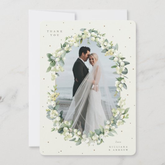 Cream Snowberry+Eucalyptus Wedding Foto Dankeskarte (Vorderseite)