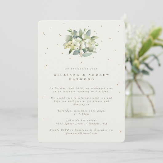 Cream Snowberry+Eucalyptus Wedding Reception Foto Einladung (Stehend Vorderseite)