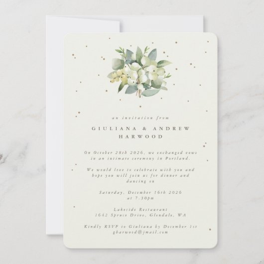 Cream Snowberry+Eucalyptus Wedding Reception Foto Einladung (Vorderseite)