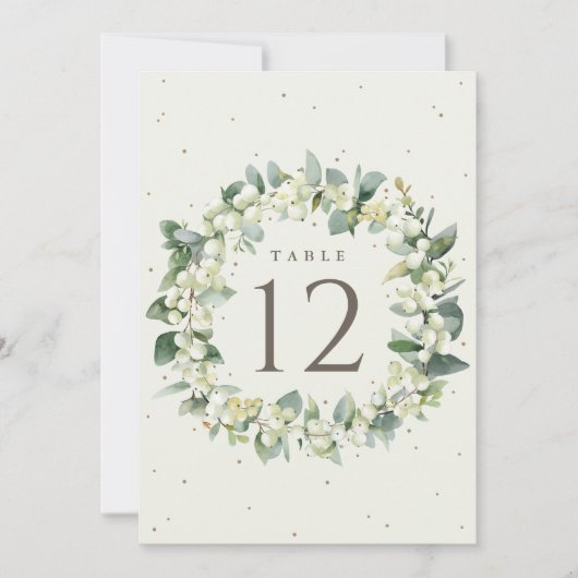 Cream Snowberry+Eucalyptus Wedding Tischnummer (Vorderseite)
