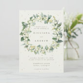 Cream Snowberry+Eucalyptus Wreath Winter Wedding Einladung (Stehend Vorderseite)