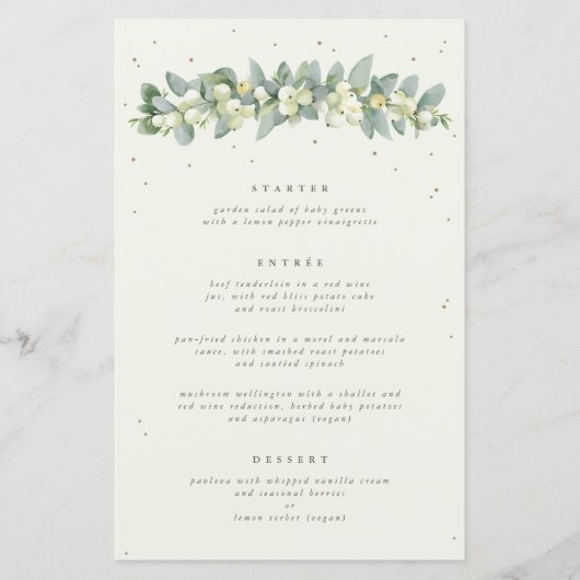 Cream Snowberry + Eukalyptus 3 Course Wedding Menu (Vorderseite)