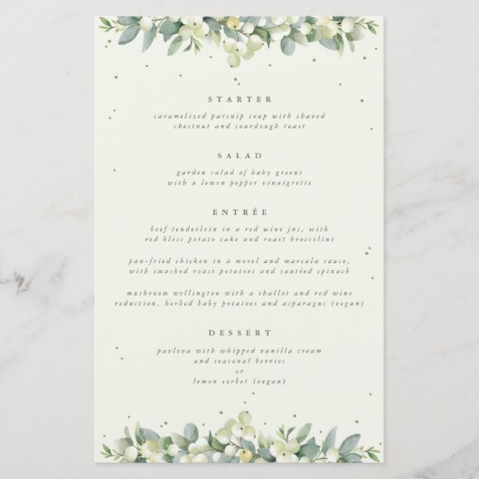 Cream Snowberry + Eukalyptus 4 Course Wedding Menu (Vorderseite)