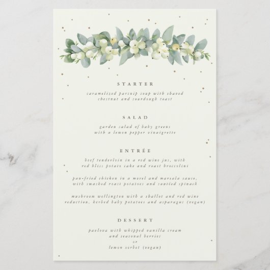 Cream Snowberry + Eukalyptus 4 Course Wedding Menu (Vorderseite)