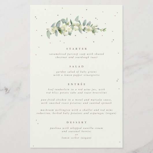 Cream Snowberry + Eukalyptus 4 Course Wedding Menu (Vorderseite)