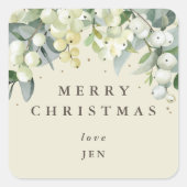Cream Snowberry+Eukalyptus Frohe Weihnachten/Custo Quadratischer Aufkleber (Vorderseite)
