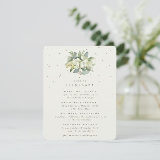 Cream Snowberry+Eukalyptus Hochzeitreise Begleitkarte (Stehend Vorderseite)