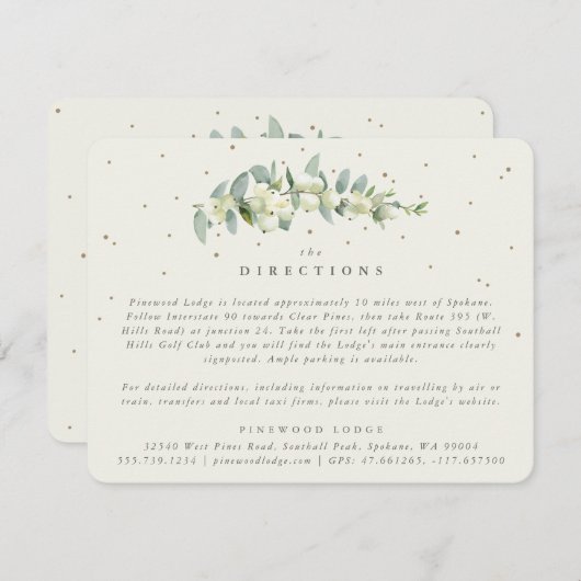 Cream Snowberry+Eukalyptus Stem Wedding Directions Begleitkarte (Vorne/Hinten)