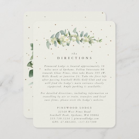 Cream Snowberry+Eukalyptus Stem Wedding Directions Begleitkarte (Vorne/Hinten)