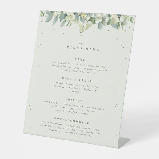 Cream Snowberry+Eukalyptus Wedding Drinks/Bar Menu Sockelschild (Vorderseite)
