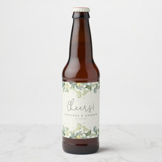 Cream Snowberry+Eukalyptus Winter Wedding Bierflaschenetikett (Vorderseite)