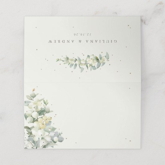 Cream Snowberry+Eukalyptus Winter Wedding Platzkarte (Außenseite Aufgefaltet)