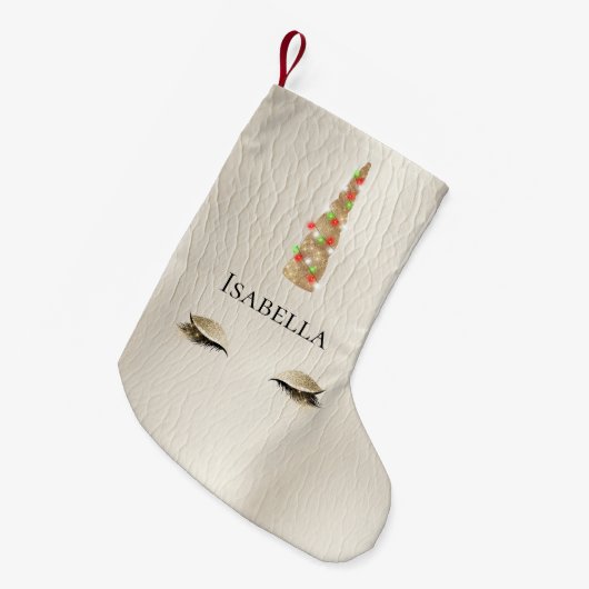 Cream Sparkle Gold Glam Einhornleuchten Kleiner Weihnachtsstrumpf (Vorderansicht (hängend))