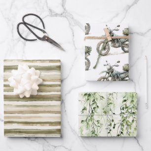 Cream Stripes Motorrad Ivy Jungle Geburtstag Geschenkpapier Set
