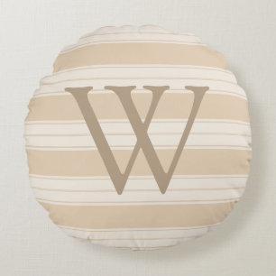 Cream & Tan French Stripes Taupe Anfangsbuchstabe Rundes Kissen