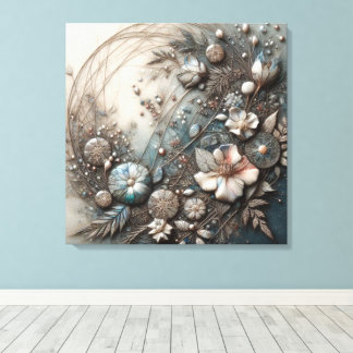 Cream Teal 3D skulpturale botanische Blumenkunst Leinwanddruck