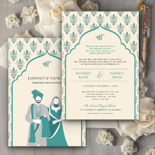 Cream Teal Punjabi Anand Karaj Sikh-Hochzeit Einladung