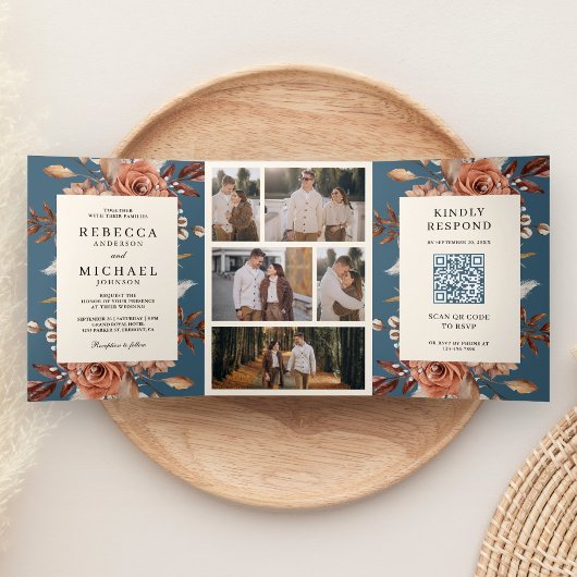 Cream Terracotta Floral QR Code Dusty Blue Wedding Dreifach Gefaltete Einladung