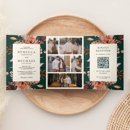Cream Terracotta Floral QR Code Emerald Wedding Dreifach Gefaltete Einladung
