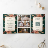 Cream Terracotta Floral QR Code Emerald Wedding Dreifach Gefaltete Einladung (Innenseite)