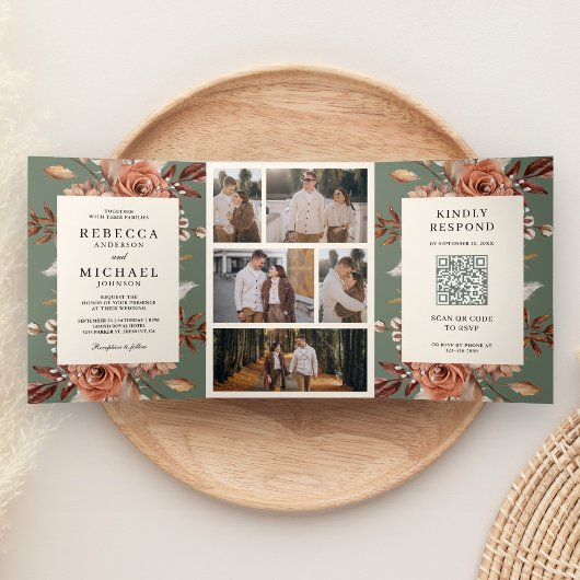 Cream Terracotta Floral QR Code Sage Green Wedding Dreifach Gefaltete Einladung