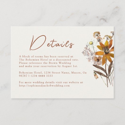 Cream & Terracotta Wildblume Boho Wedding Details Begleitkarte (Vorderseite)