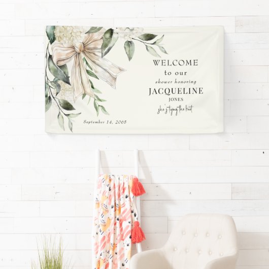 Cream Tying the Knot Bow Hydrangea Dusche Willkomm Banner (Insitu)