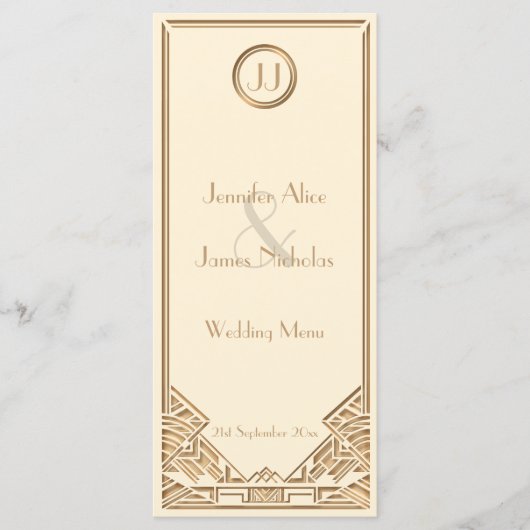 Cream und Gold Art Deco Gatsby Style Wedding Menü Menükarte (Vorderseite)