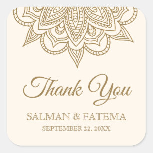 Cream- und Gold-Henna-Mehndi-Hochzeit-Dankeschön Quadratischer Aufkleber