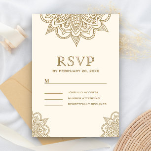 Cream und Gold Henna Mehndi Wedding RSVP Karte