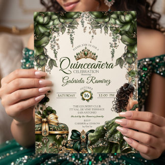 Cream- und grüne goldene Tiara-Blumen-Quinceañera Einladung