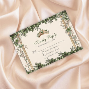 Cream und grüner goldener Tiara Blumen Quinceañera RSVP Karte