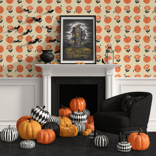 Cream und Orange Boho Pumpkin Floral Tapete