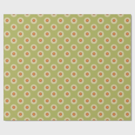 Cream und Orange Daisis auf Avocado Green Pattern Geschenkpapier (Flach)