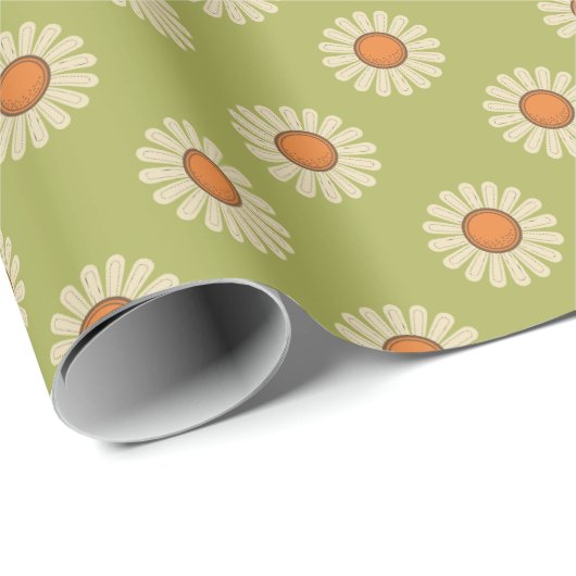 Cream und Orange Daisis auf Avocado Green Pattern Geschenkpapier (Rolleneckpunkt)